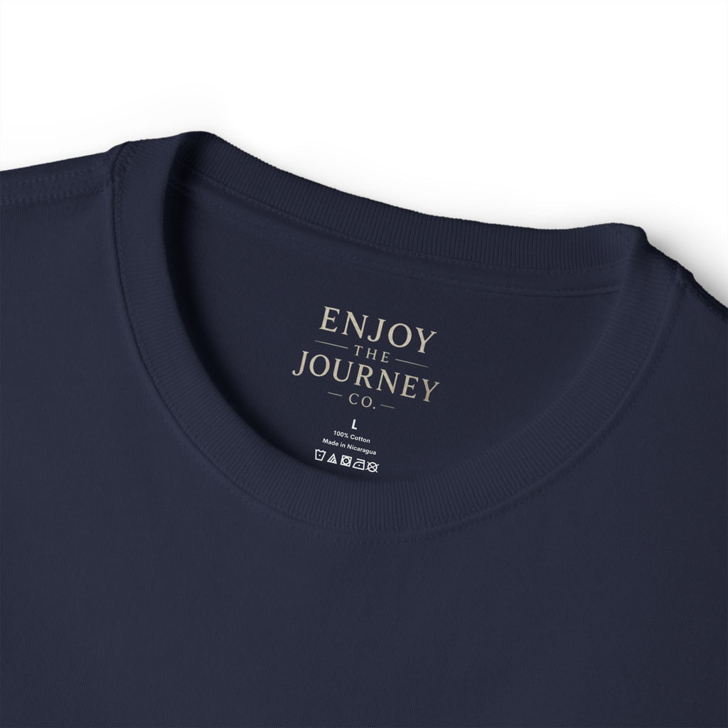 Feather Minimalist Tee — "Enjoy the Journey" Chest Graphic