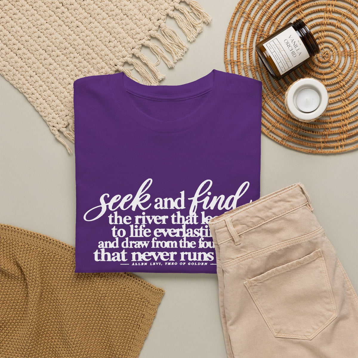 Seek and Find Inspirational Cotton Tee — "Seek and find the river that leads to life ever lasting"