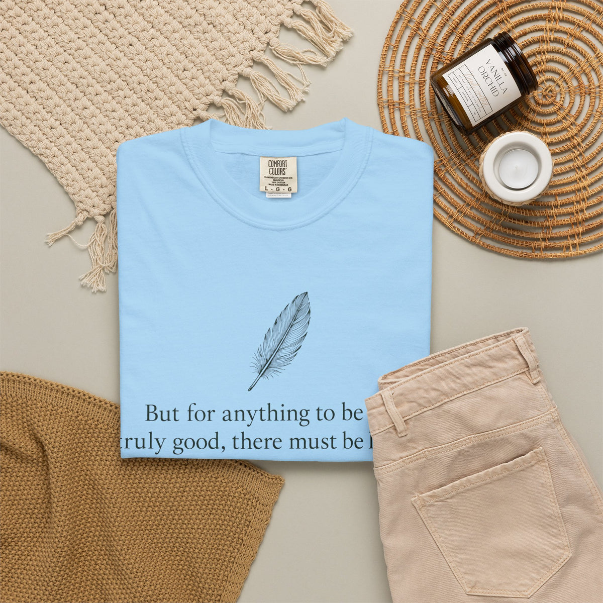 Literary Feather Quote T-Shirt — "But for anything to be good, I truly good, there must be love in it."