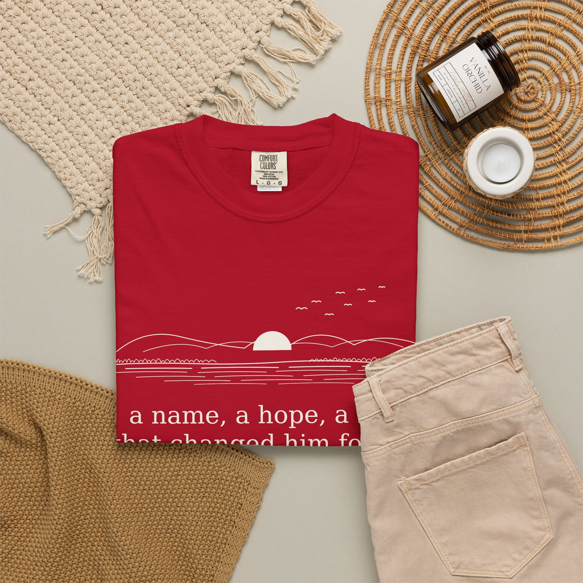 Literary Quote Sunset T-Shirt — "a name, a hope, a Love that changed him forever."
