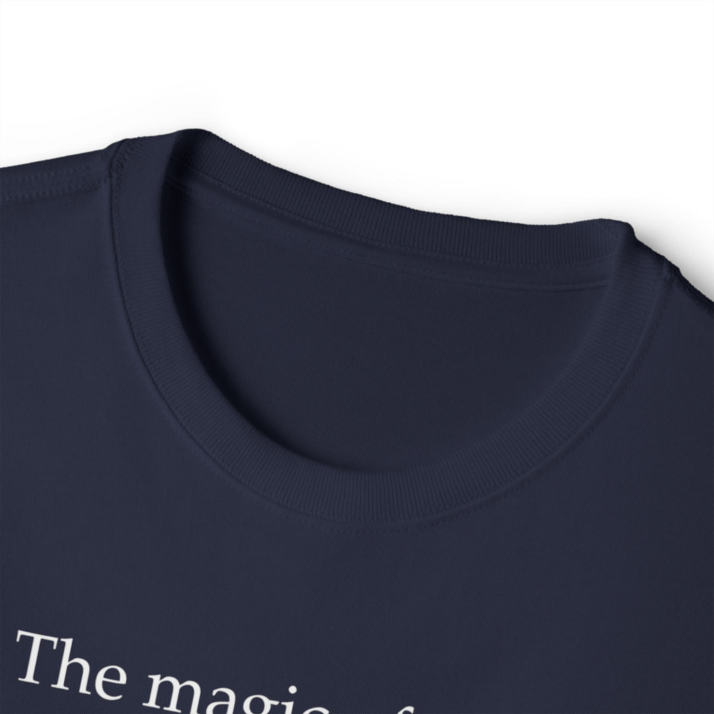 Literary Quote Tee — “The magic of story. The wonder of words.” Black Boxy T-Shirt