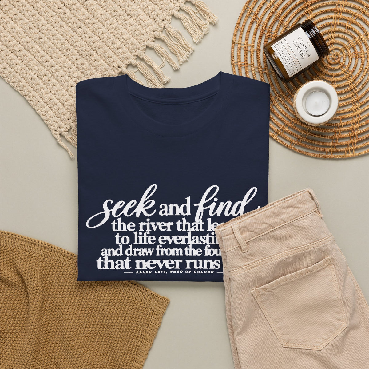 Seek and Find Inspirational Cotton Tee — "Seek and find the river that leads to life ever lasting"