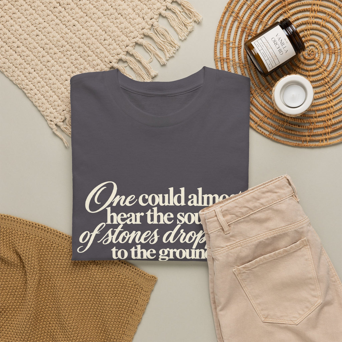 Vintage Script Quote T-Shirt — “One could almost hear the sound of stones dropping to the ground”