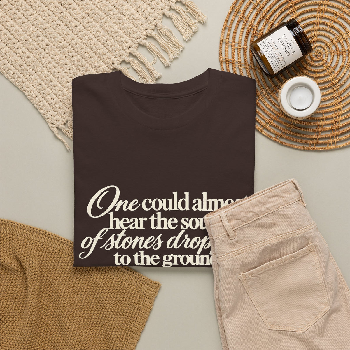 Vintage Script Quote T-Shirt — “One could almost hear the sound of stones dropping to the ground”