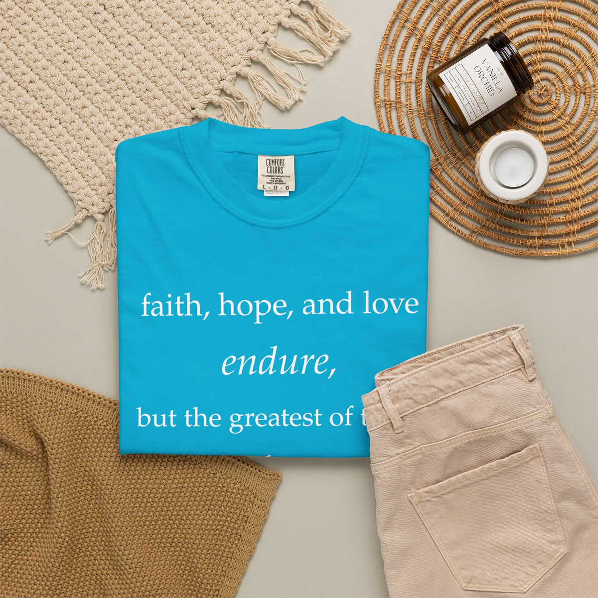 Faith Hope Love Tee — "faith, hope, and love endure... is love." Inspirational Christian T-Shirt
