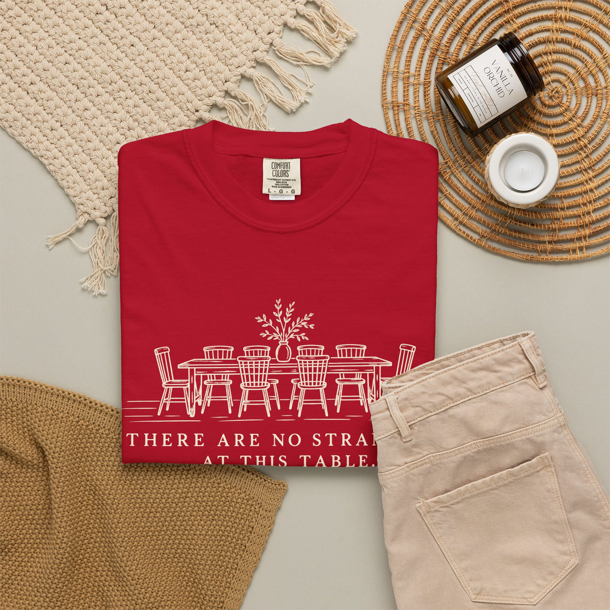 T-Shirt — "There Are No Strangers at This Table" Rustic Dinner Table Graphic