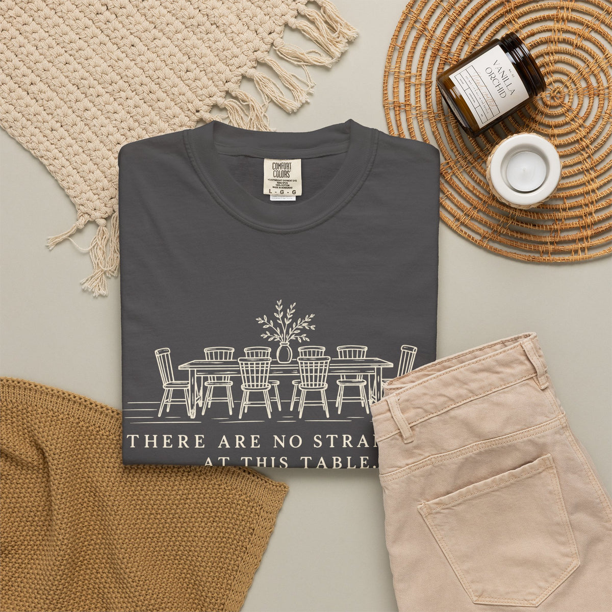 T-Shirt — "There Are No Strangers at This Table" Rustic Dinner Table Graphic