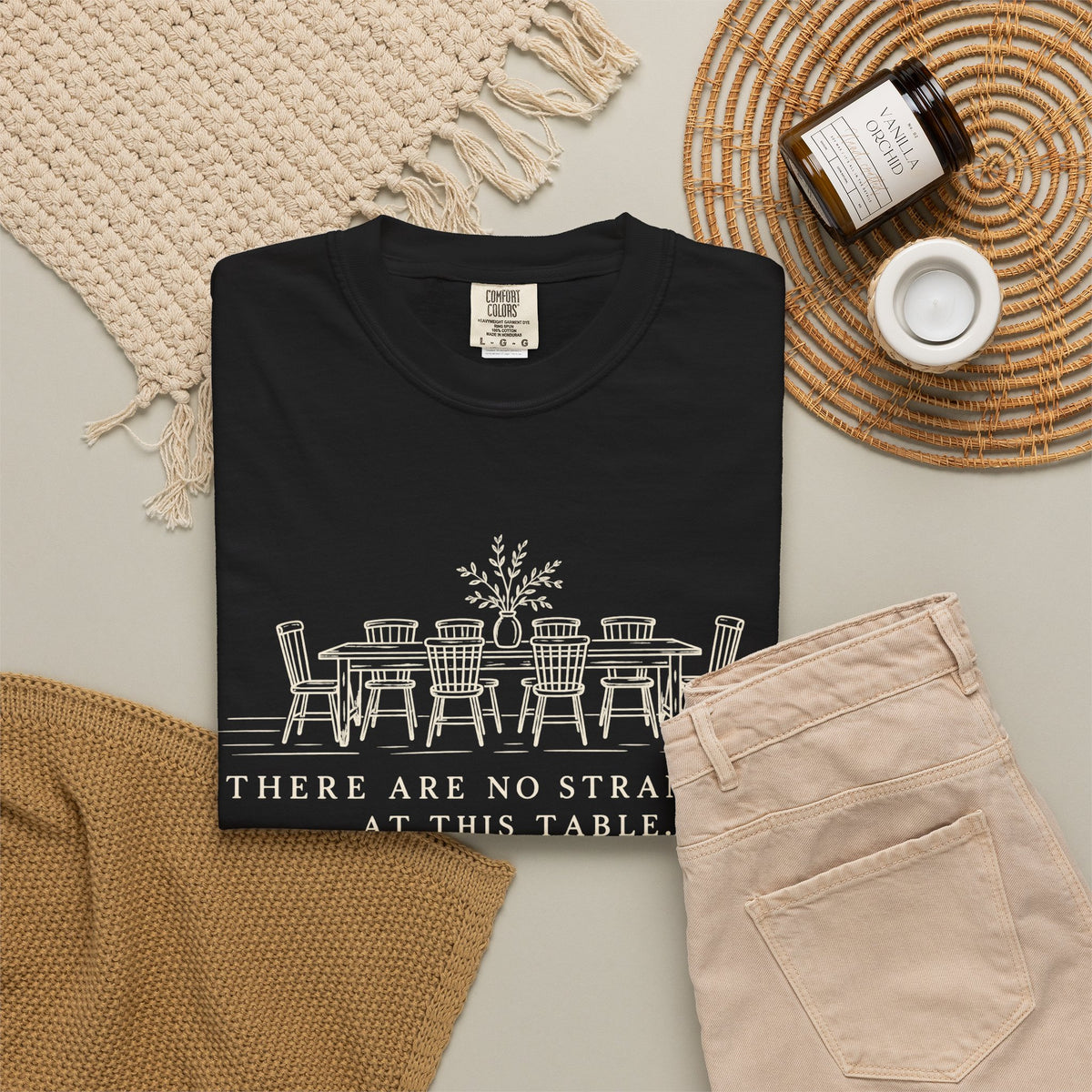 T-Shirt — "There Are No Strangers at This Table" Rustic Dinner Table Graphic