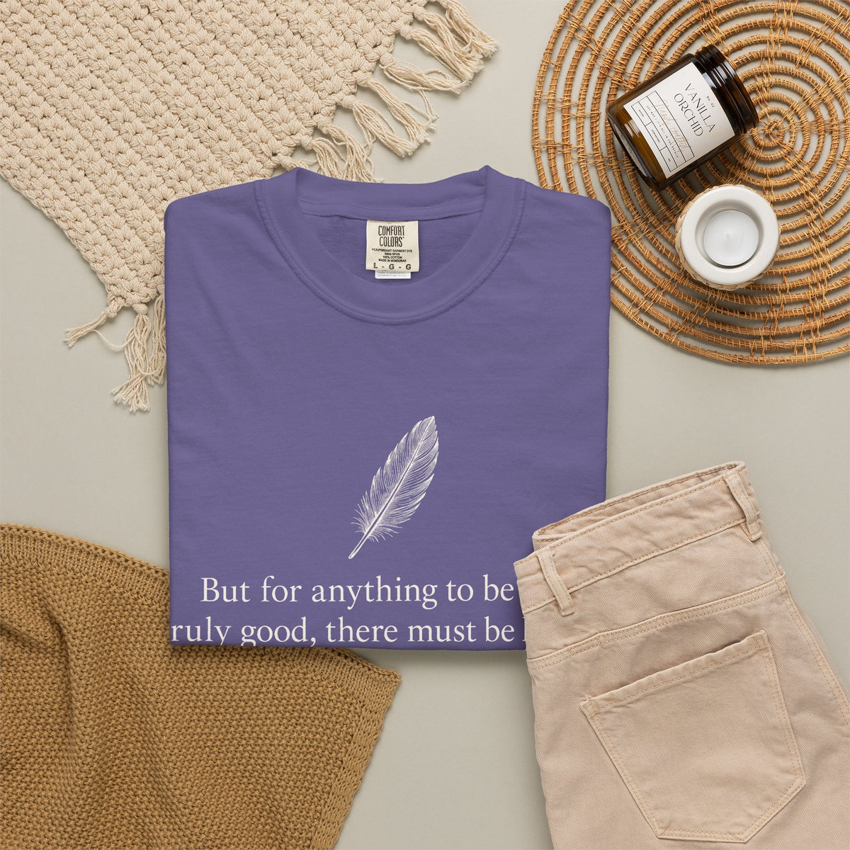 Literary Feather Quote T-Shirt — "But for anything to be good, truly good, there must be love in it."