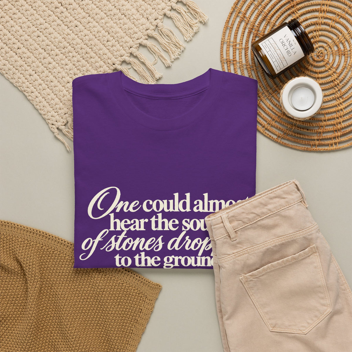 Vintage Script Quote T-Shirt — “One could almost hear the sound of stones dropping to the ground”
