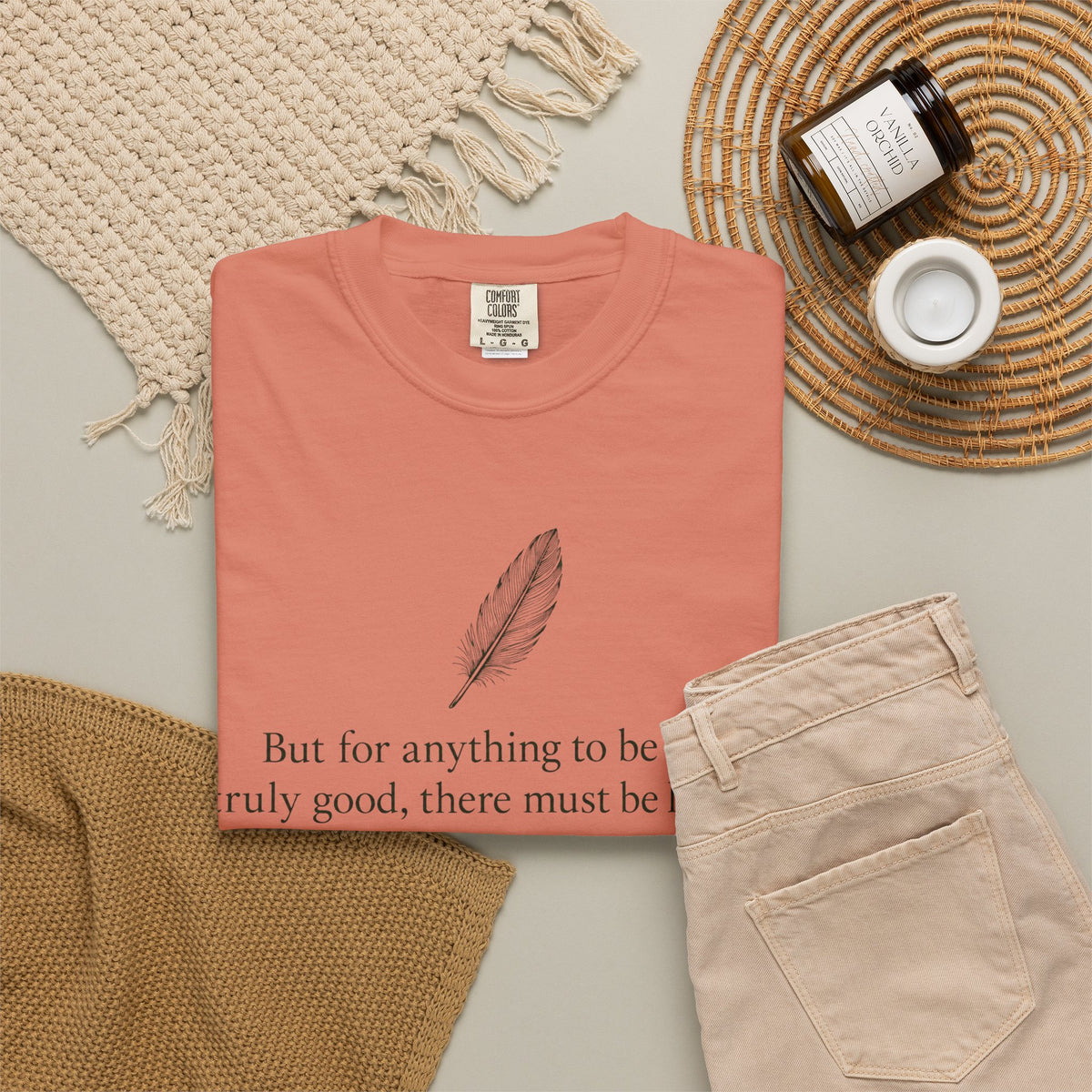 Literary Feather Quote T-Shirt — "But for anything to be good, I truly good, there must be love in it."