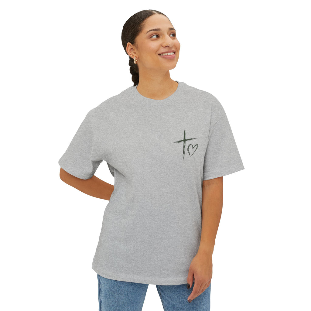 Cross & Heart Minimal Tee — Christian Faith Pink Boxy T-Shirt