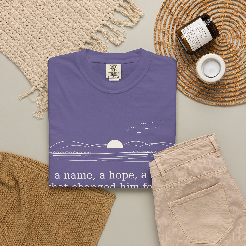 Literary Quote Sunset T-Shirt — "a name, a hope, a Love that changed him forever."