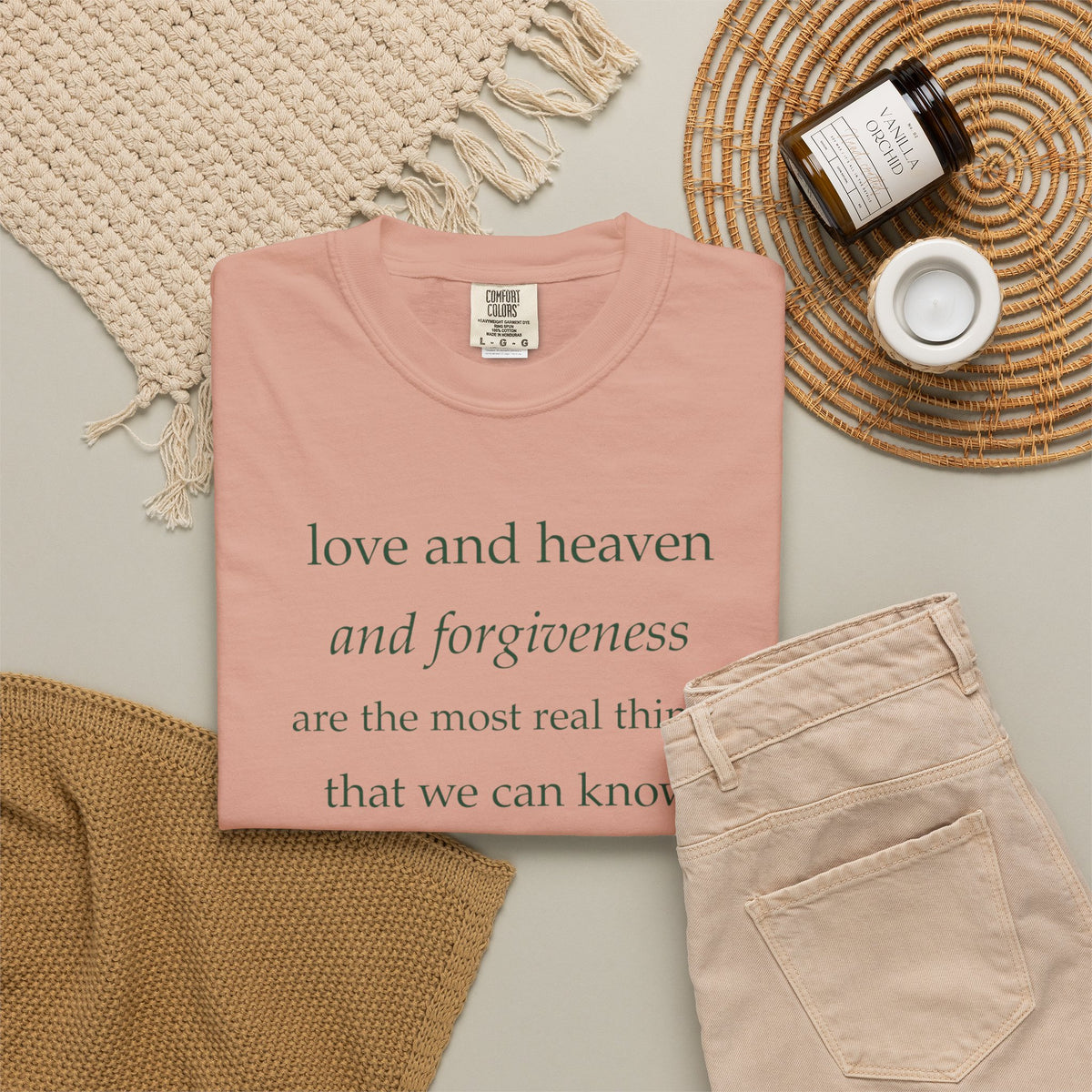 Inspirational Quote Tee — “love and heaven and forgiveness” Garment-Dyed T-Shirt