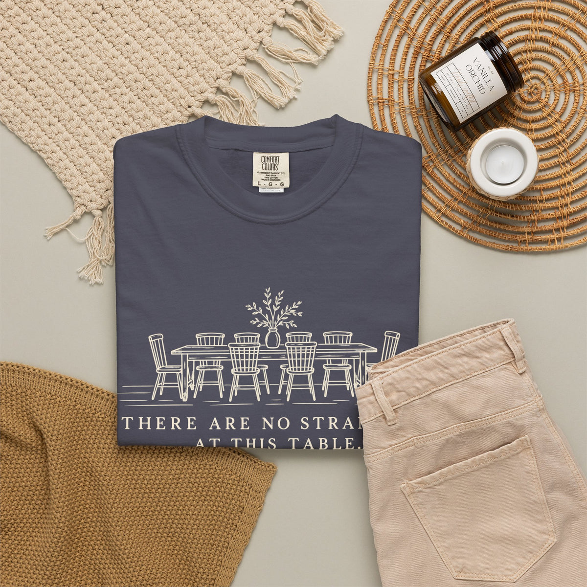 T-Shirt — "There Are No Strangers at This Table" Rustic Dinner Table Graphic