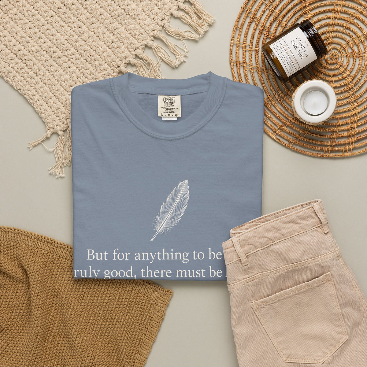 Literary Feather Quote T-Shirt — "But for anything to be good, truly good, there must be love in it."