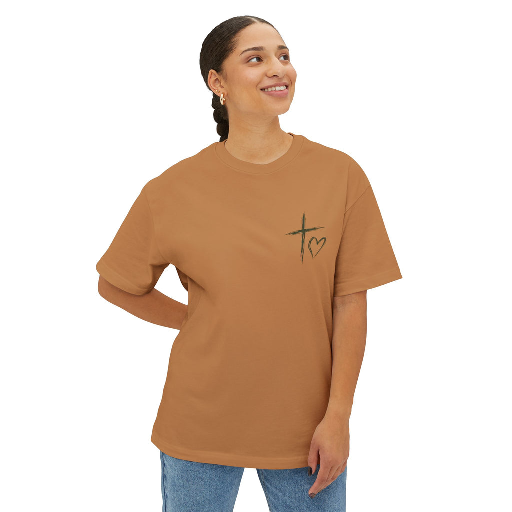 Cross & Heart Minimal Tee — Christian Faith Pink Boxy T-Shirt