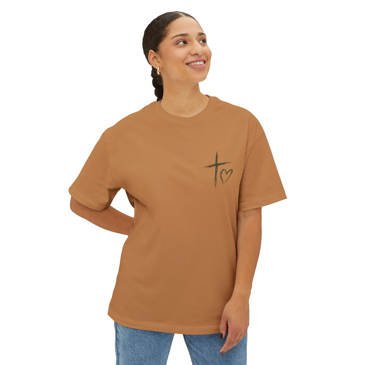 Cross & Heart Minimal Tee — Christian Faith Pink Boxy T-Shirt