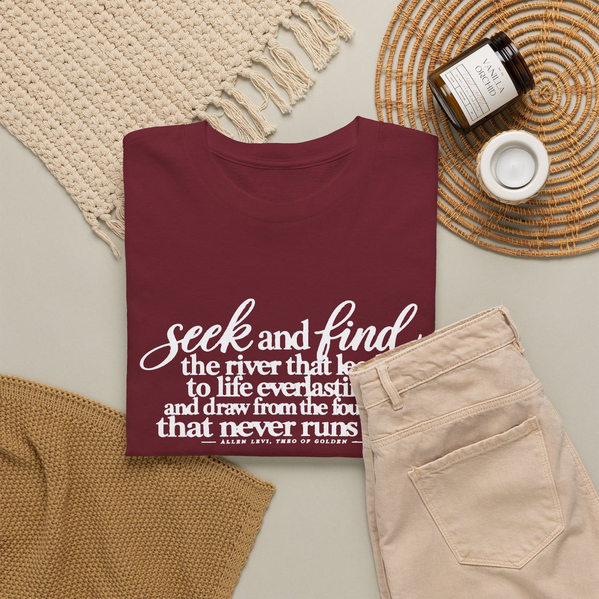 Seek and Find Inspirational Cotton Tee — "Seek and find the river that leads to life ever lasting"