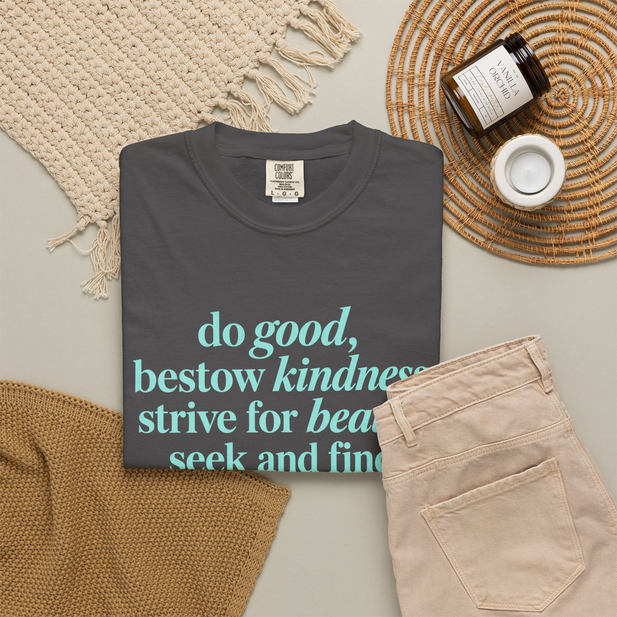 Inspirational Quote T-Shirt — "do good, bestow kindness" Garment-Dyed Tee