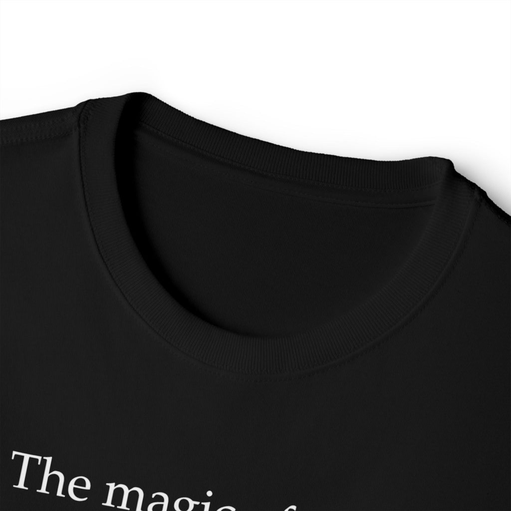 Literary Quote Tee — “The magic of story. The wonder of words.” Black Boxy T-Shirt
