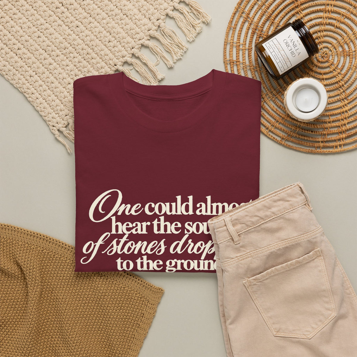 Vintage Script Quote T-Shirt — “One could almost hear the sound of stones dropping to the ground”