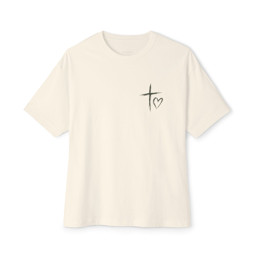 Cross & Heart Minimal Tee — Christian Faith Pink Boxy T-Shirt