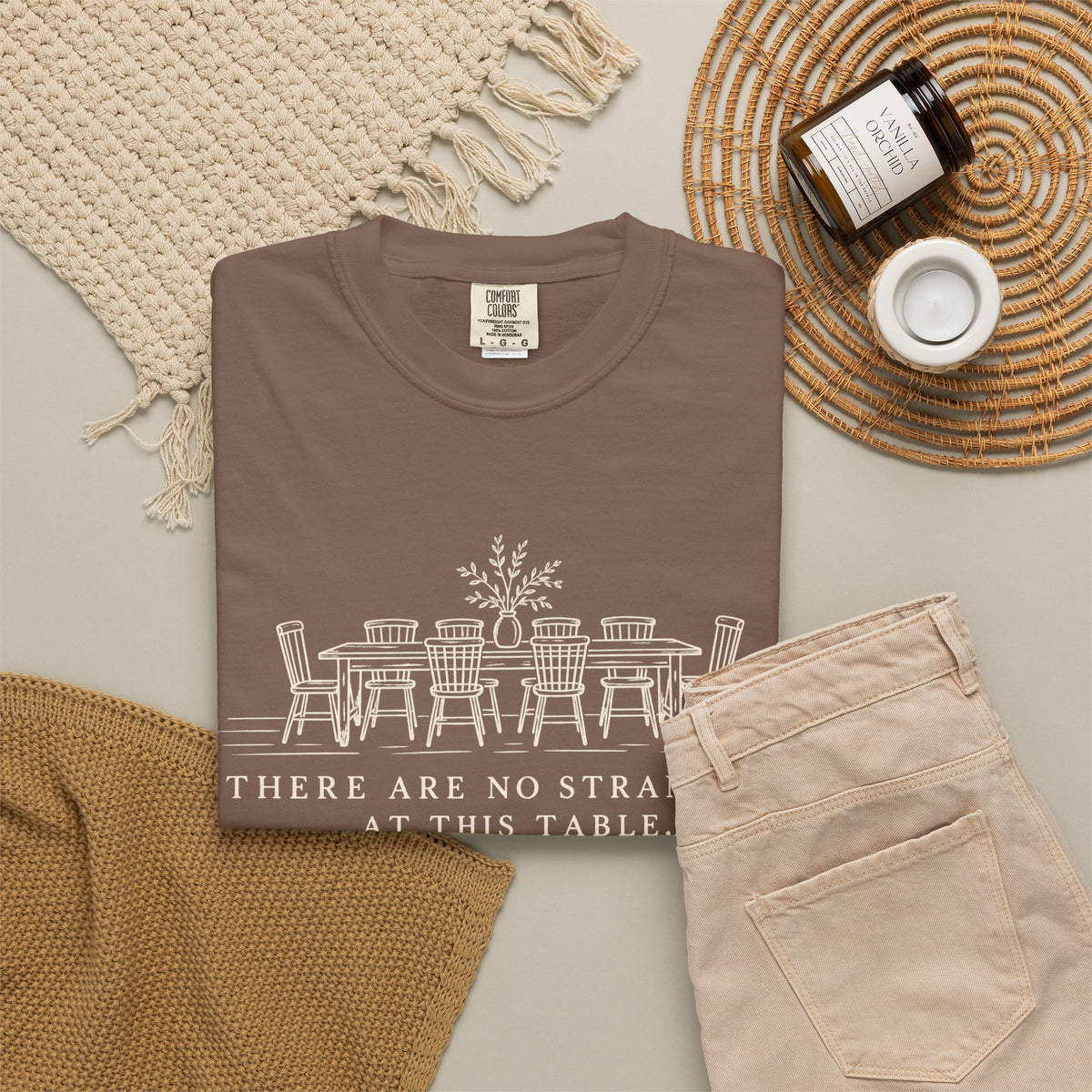 T-Shirt — "There Are No Strangers at This Table" Rustic Dinner Table Graphic