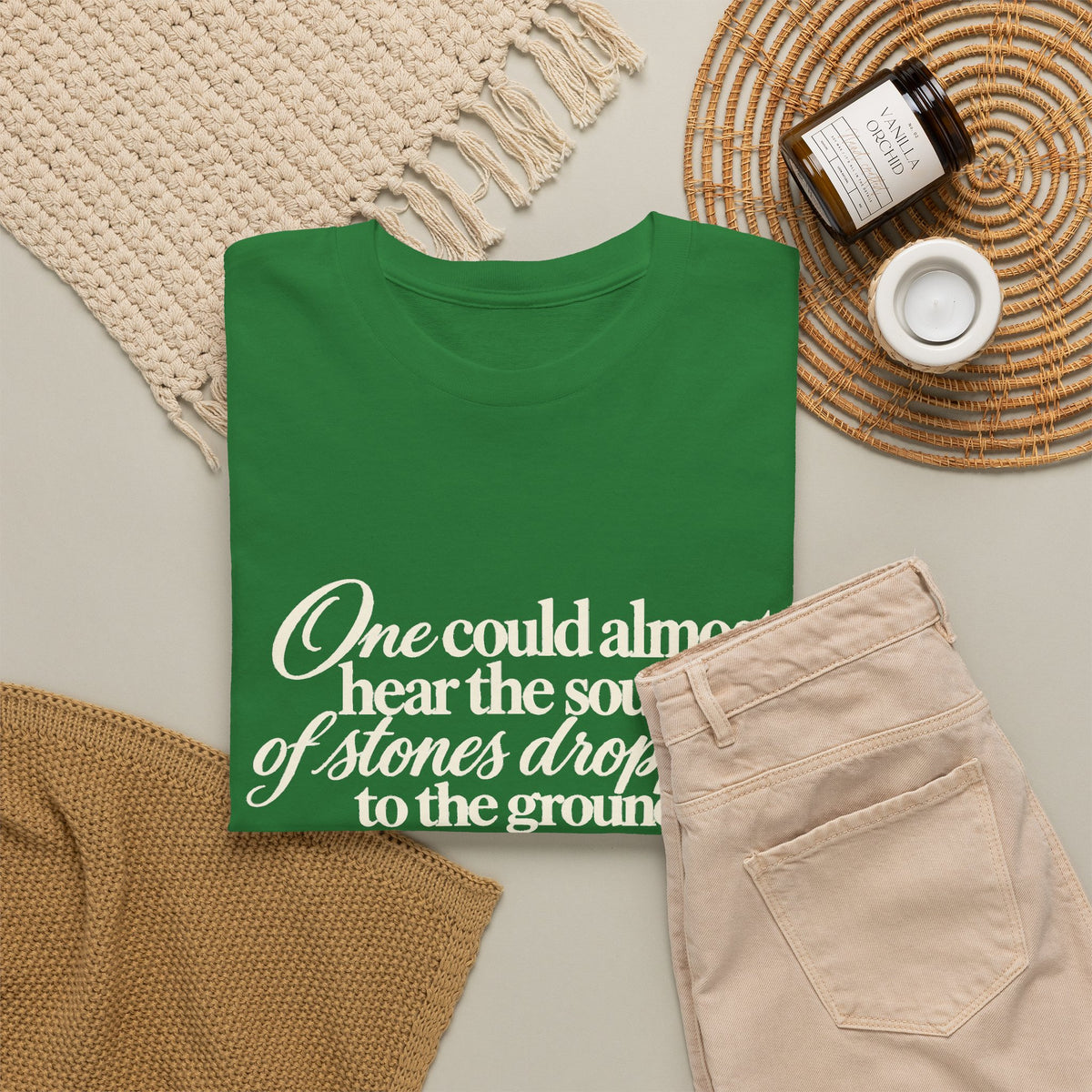 Vintage Script Quote T-Shirt — “One could almost hear the sound of stones dropping to the ground”