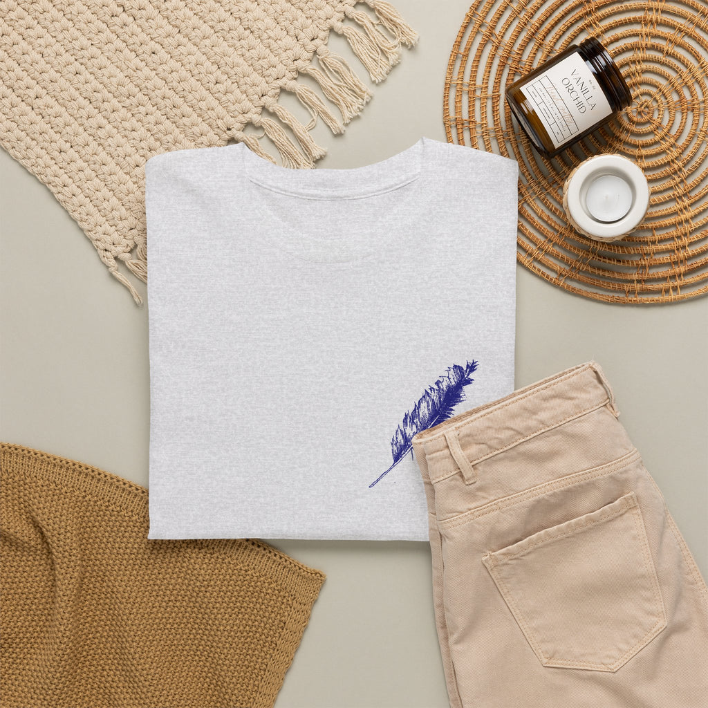 Inspirational Feather Tee — "Seek and find the river that leads to life everlasting" Back Print