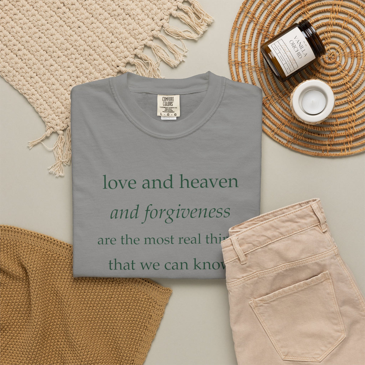 Inspirational Quote Tee — “love and heaven and forgiveness” Garment-Dyed T-Shirt