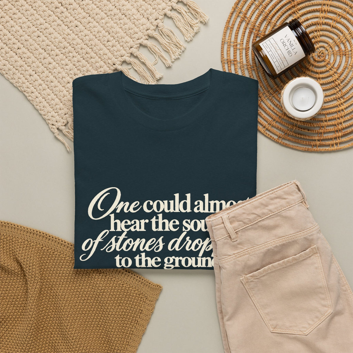 Vintage Script Quote T-Shirt — “One could almost hear the sound of stones dropping to the ground”