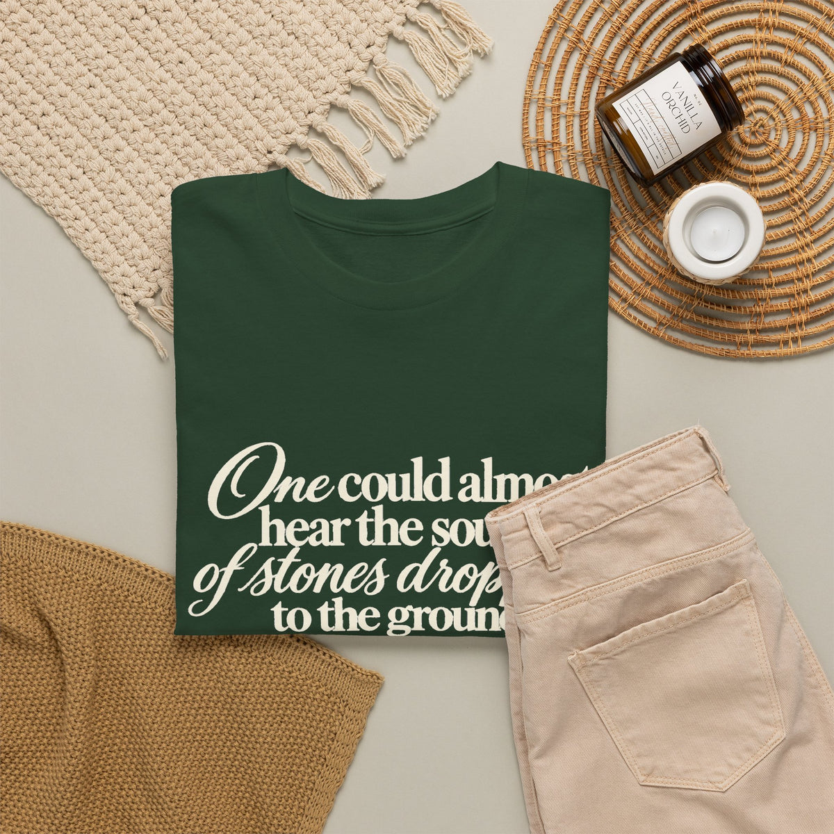 Vintage Script Quote T-Shirt — “One could almost hear the sound of stones dropping to the ground”