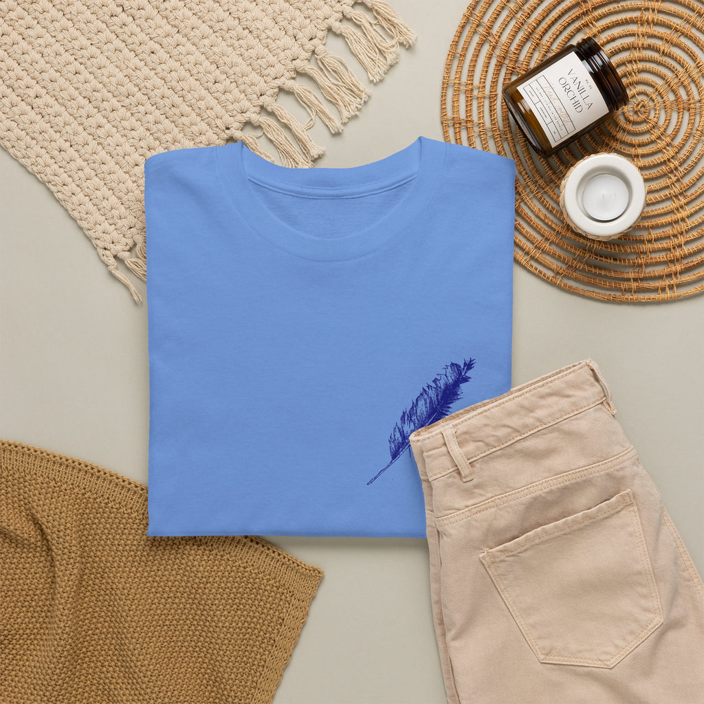 Inspirational Feather Tee — "Seek and find the river that leads to life everlasting" Back Print