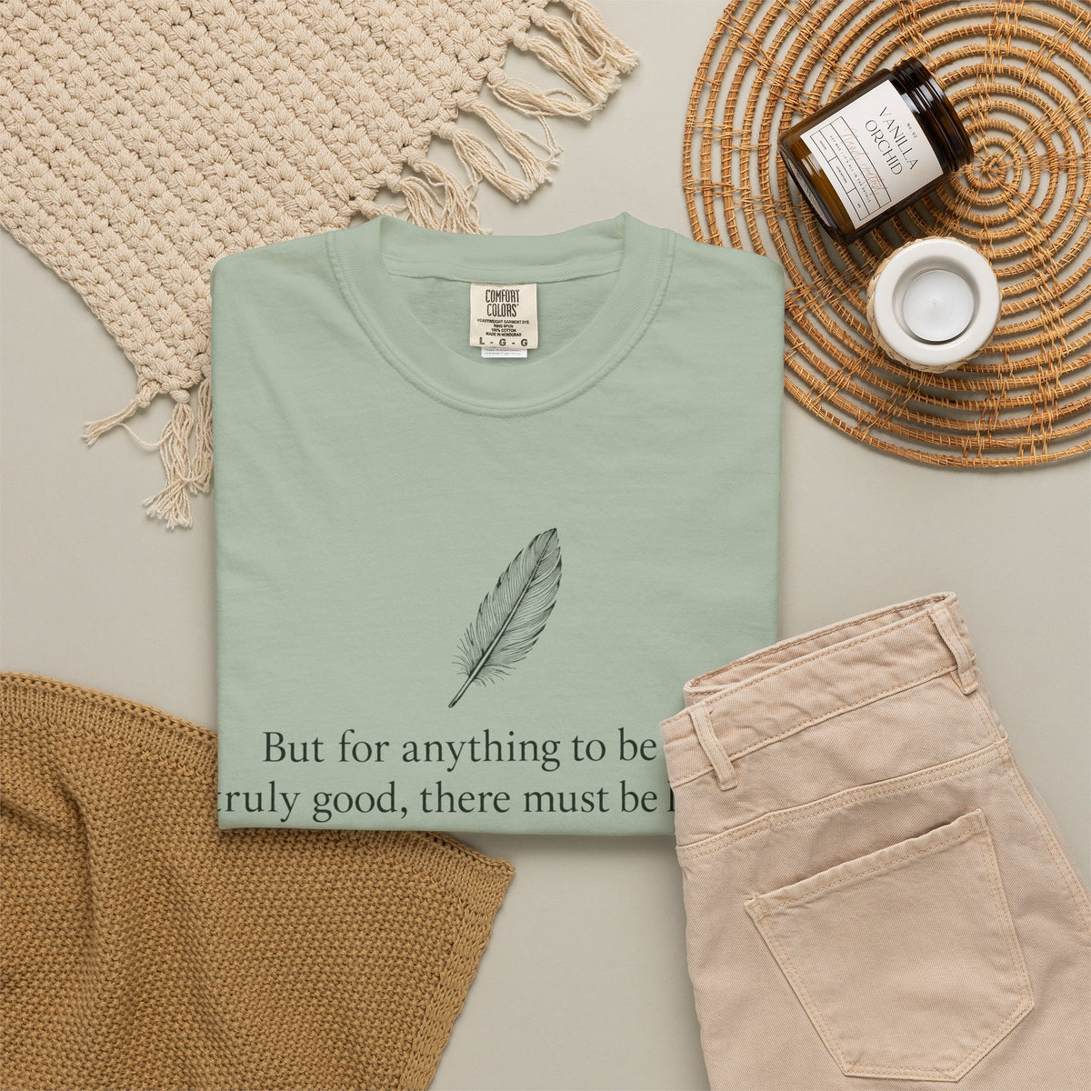 Literary Feather Quote T-Shirt — "But for anything to be good, I truly good, there must be love in it."