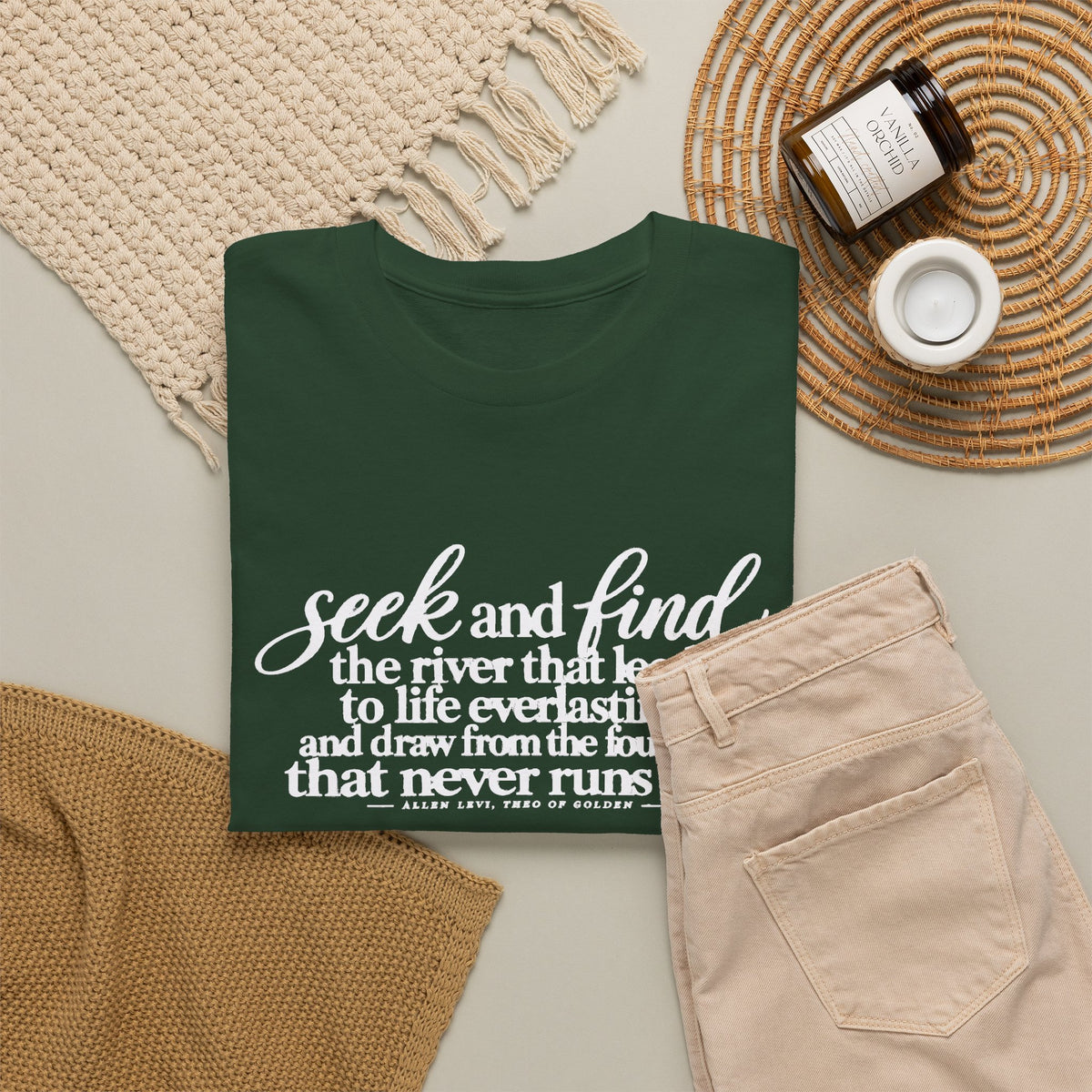 Seek and Find Inspirational Cotton Tee — "Seek and find the river that leads to life ever lasting"