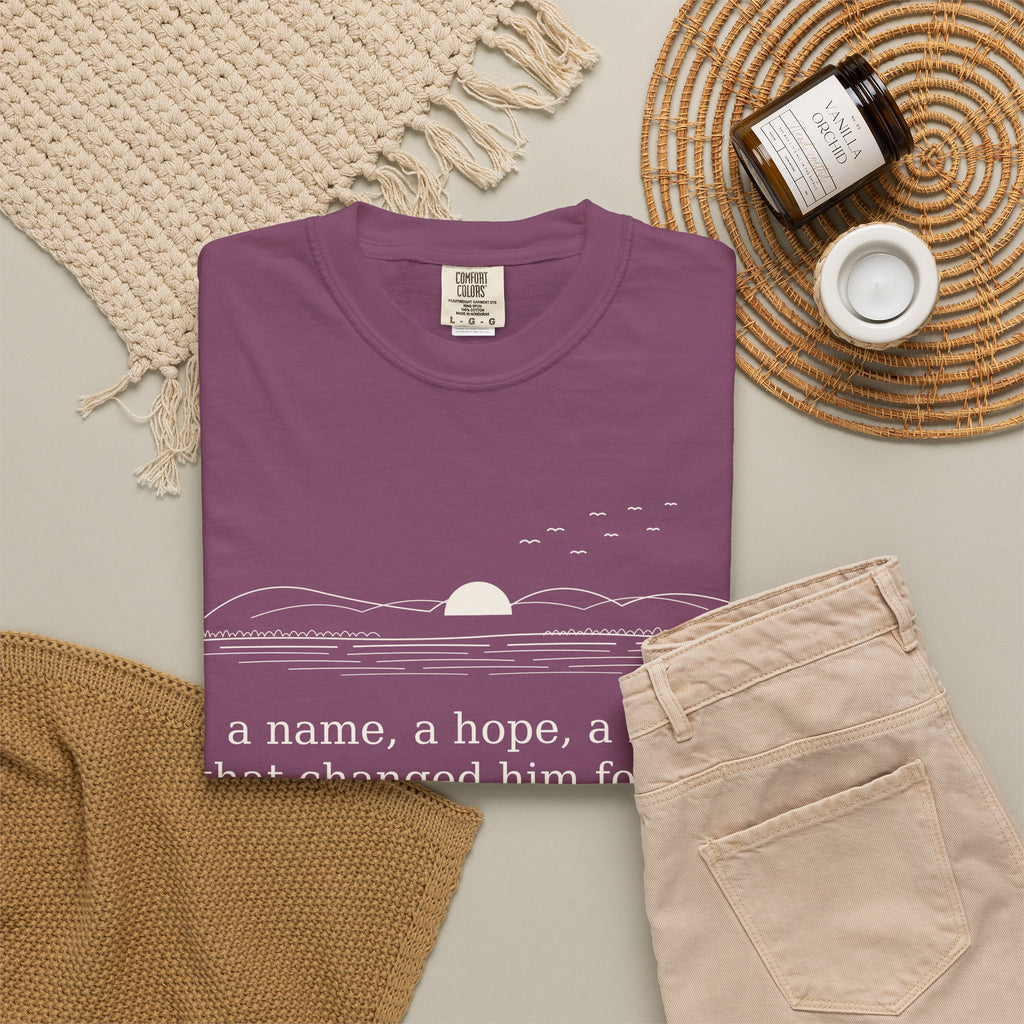 Literary Quote Sunset T-Shirt — "a name, a hope, a Love that changed him forever."