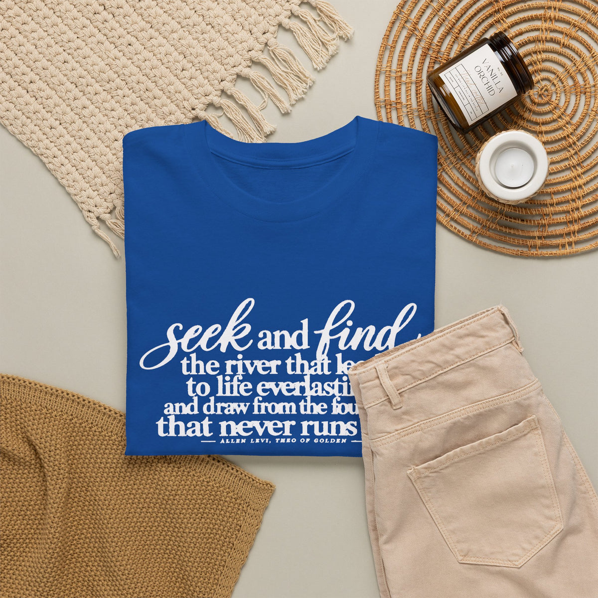 Seek and Find Inspirational Cotton Tee — "Seek and find the river that leads to life ever lasting"