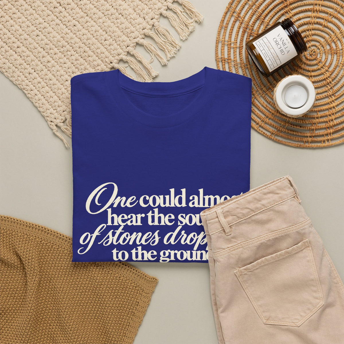 Vintage Script Quote T-Shirt — “One could almost hear the sound of stones dropping to the ground”