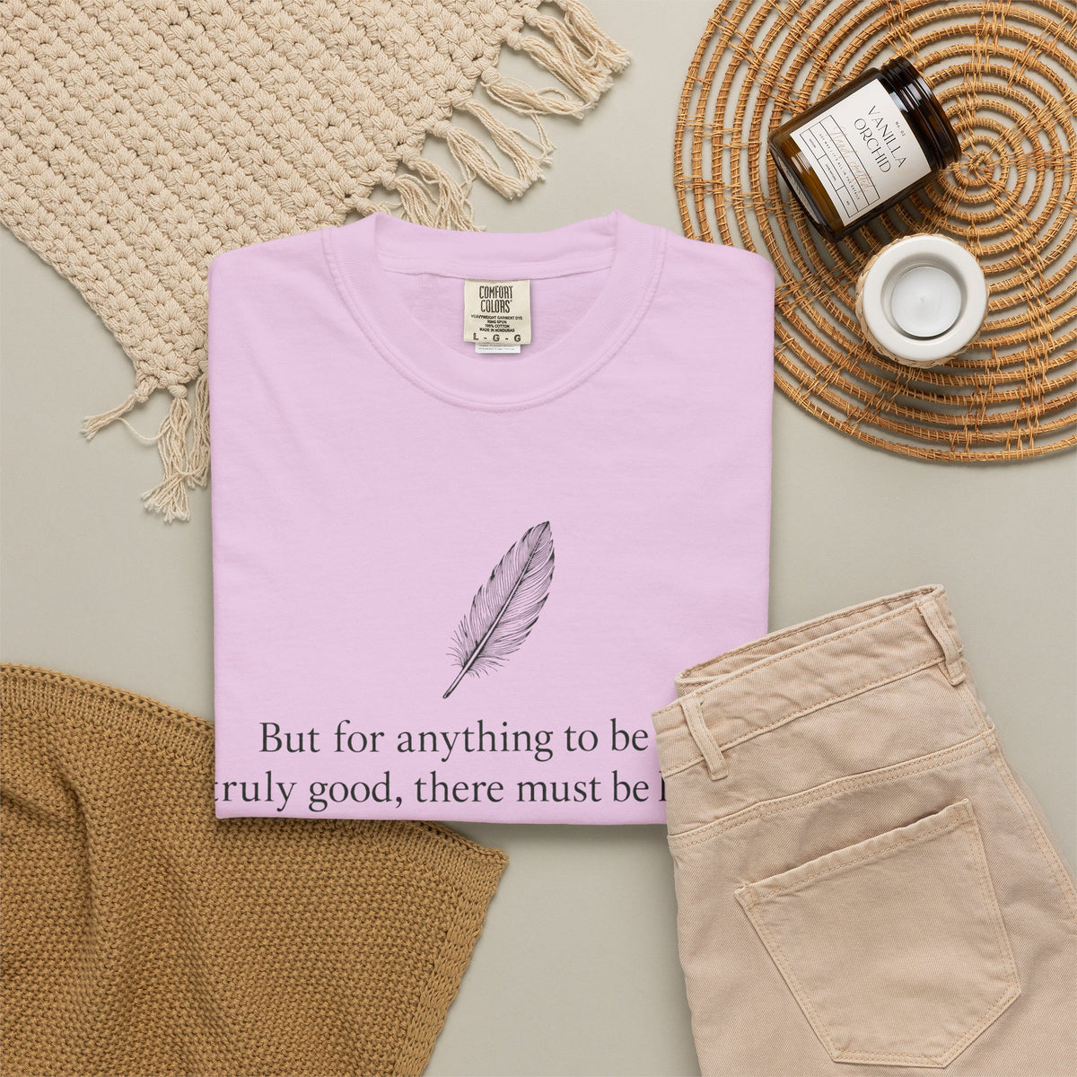 Literary Feather Quote T-Shirt — "But for anything to be good, I truly good, there must be love in it."