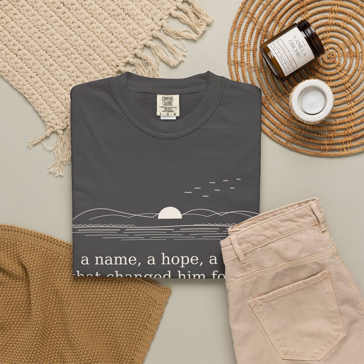 Literary Quote Sunset T-Shirt — "a name, a hope, a Love that changed him forever."