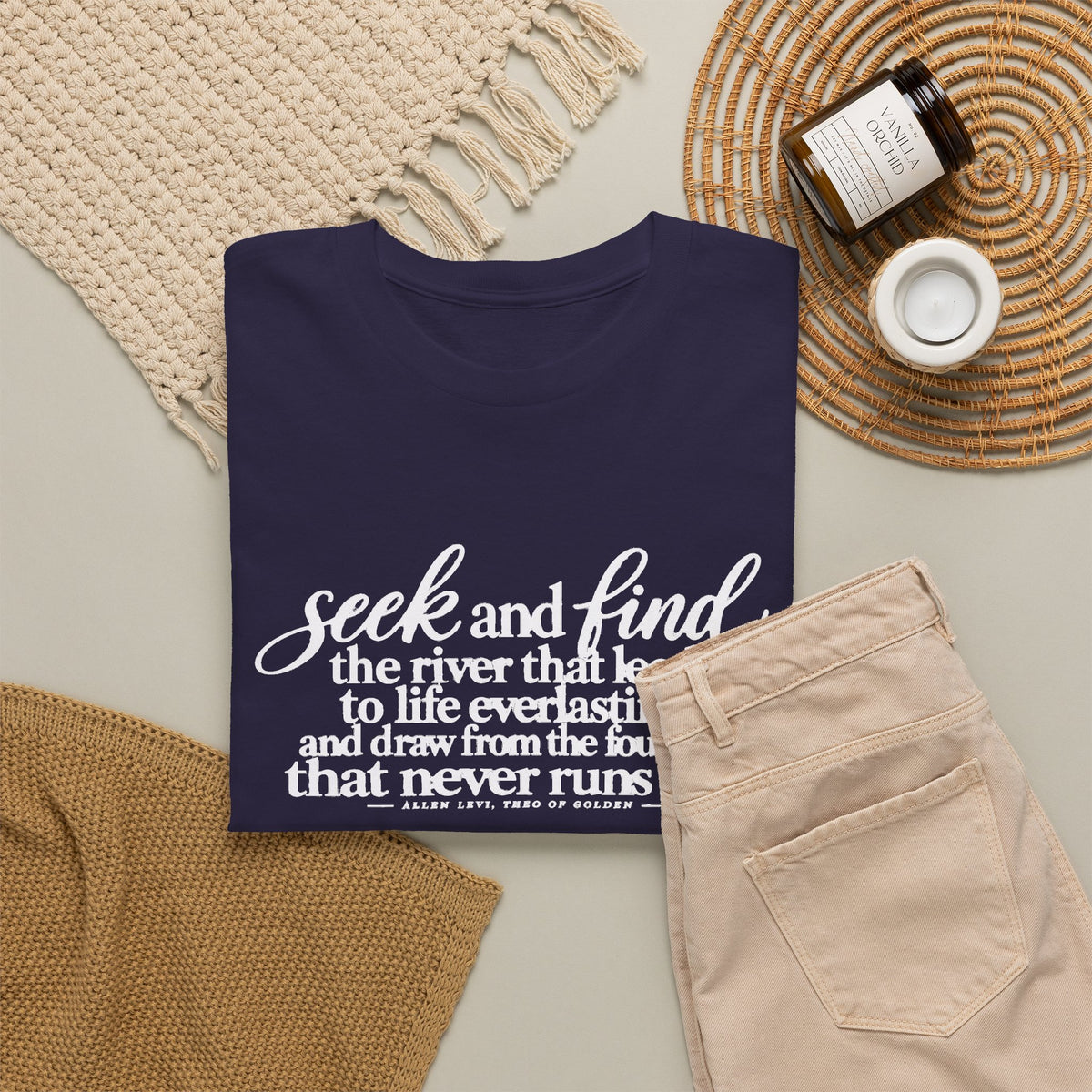 Seek and Find Inspirational Cotton Tee — "Seek and find the river that leads to life ever lasting"