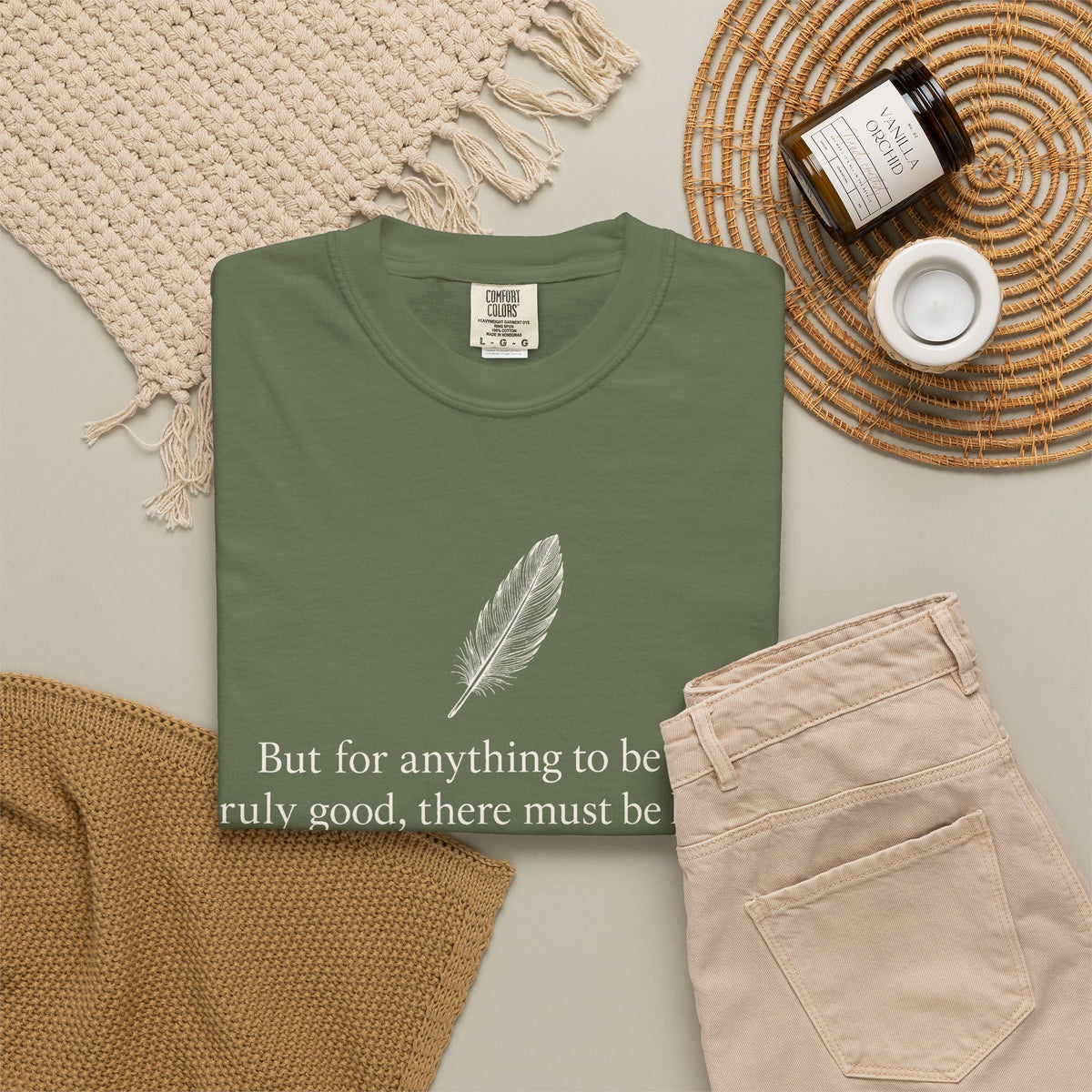 Literary Feather Quote T-Shirt — "But for anything to be good, truly good, there must be love in it."