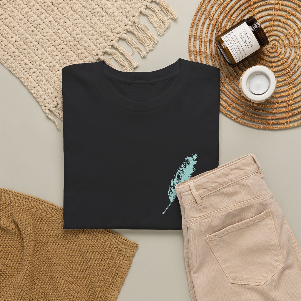 Inspirational Feather Tee — "Seek and find the river" Quote T‑Shirt