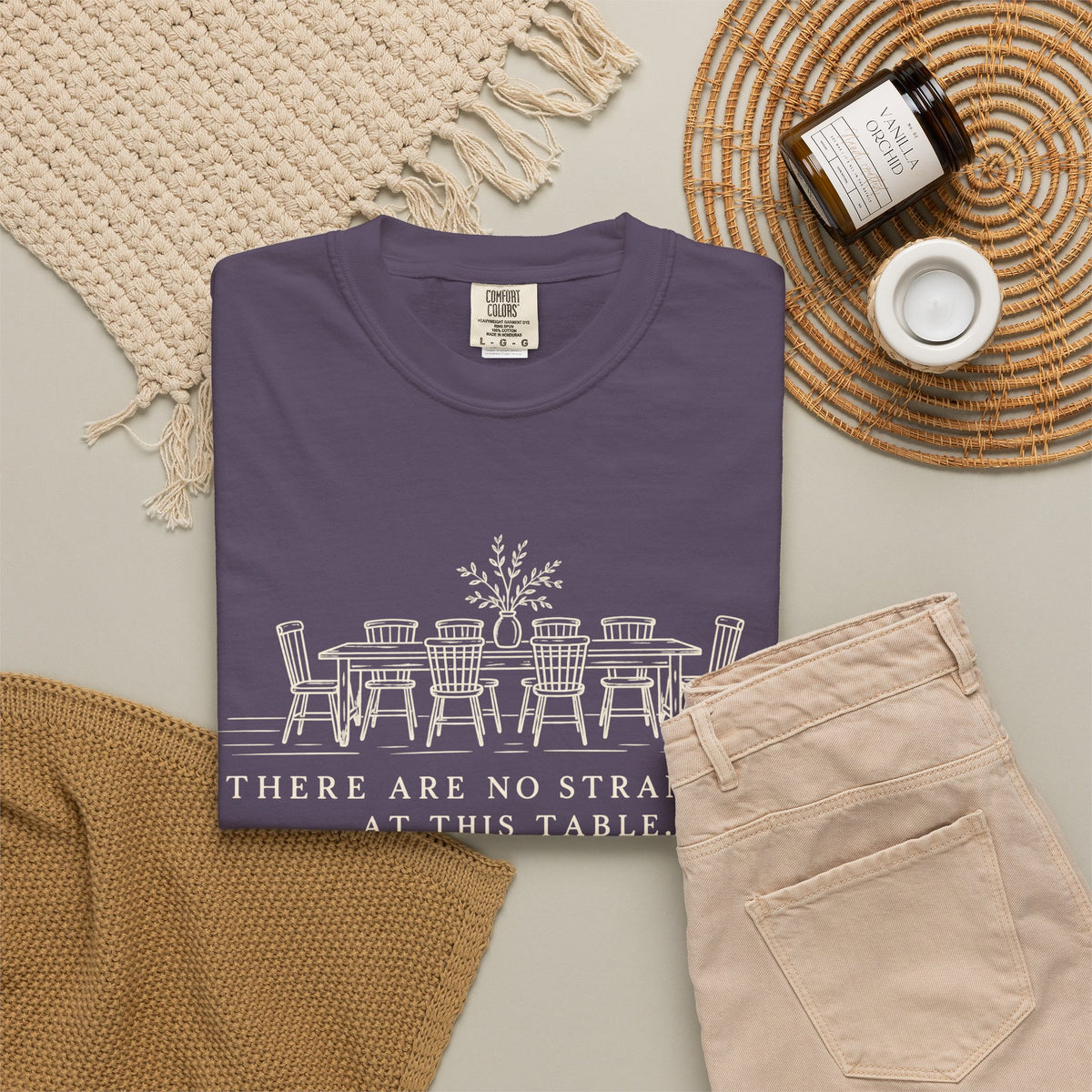 T-Shirt — "There Are No Strangers at This Table" Rustic Dinner Table Graphic