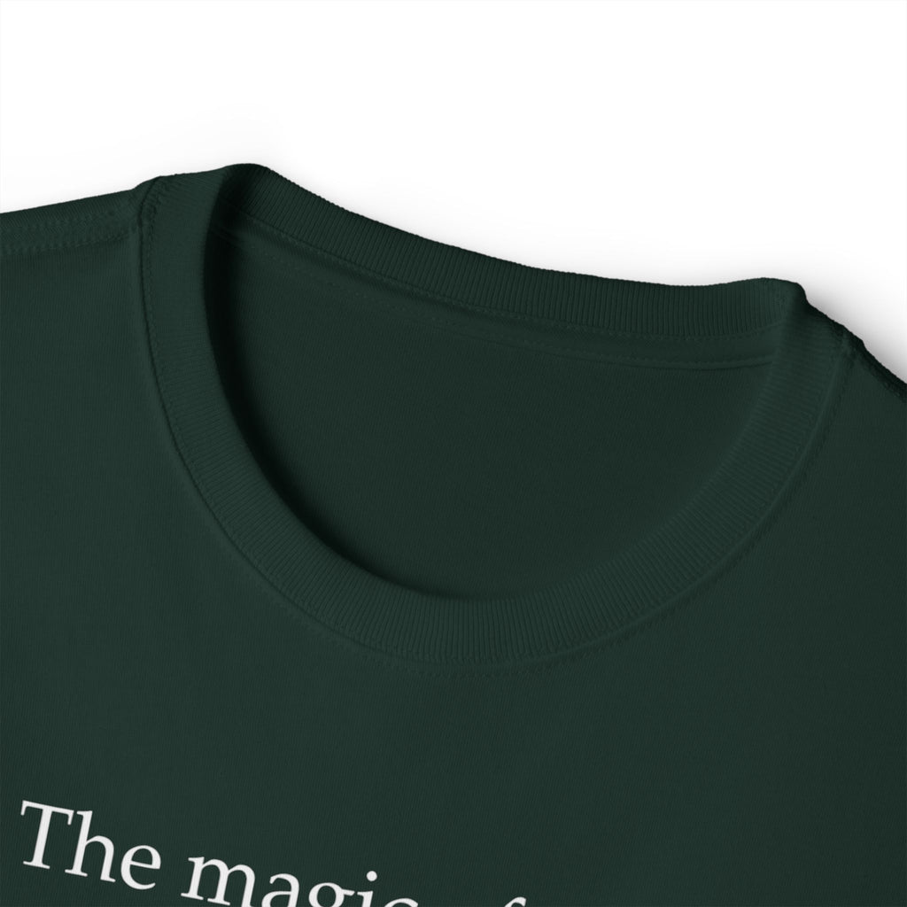 Literary Quote Tee — “The magic of story. The wonder of words.” Black Boxy T-Shirt