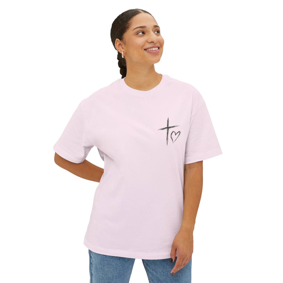 Cross & Heart Minimal Tee — Christian Faith Pink Boxy T-Shirt