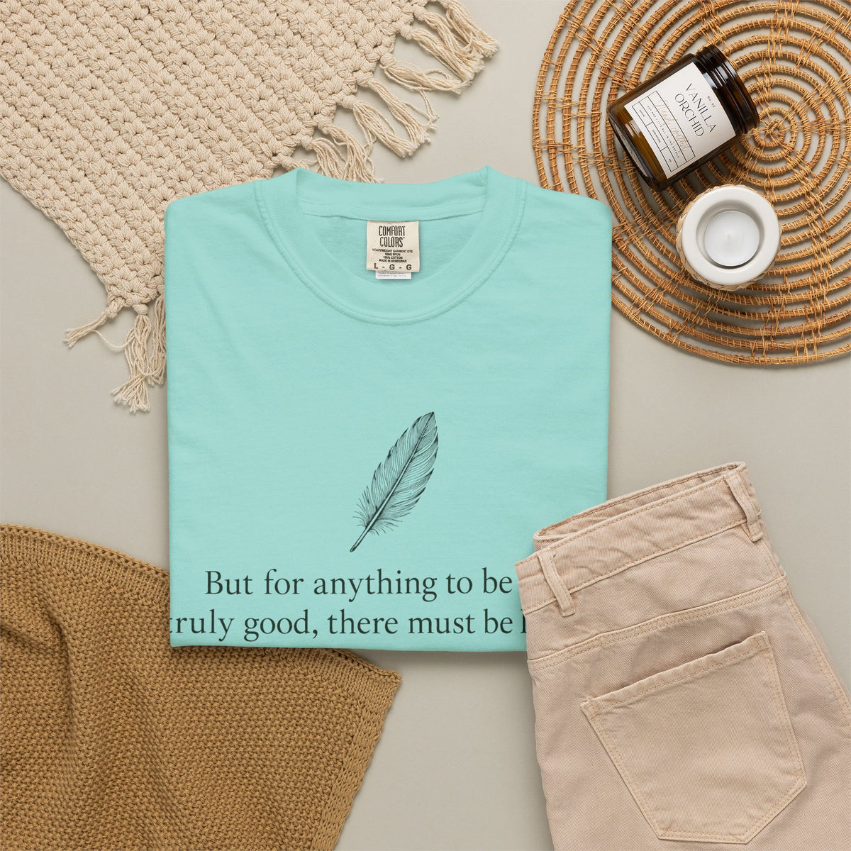 Literary Feather Quote T-Shirt — "But for anything to be good, I truly good, there must be love in it."