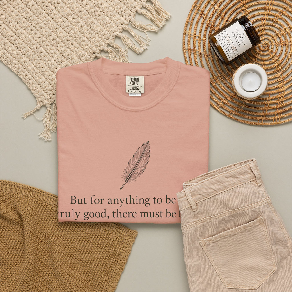 Literary Feather Quote T-Shirt — "But for anything to be good, I truly good, there must be love in it."