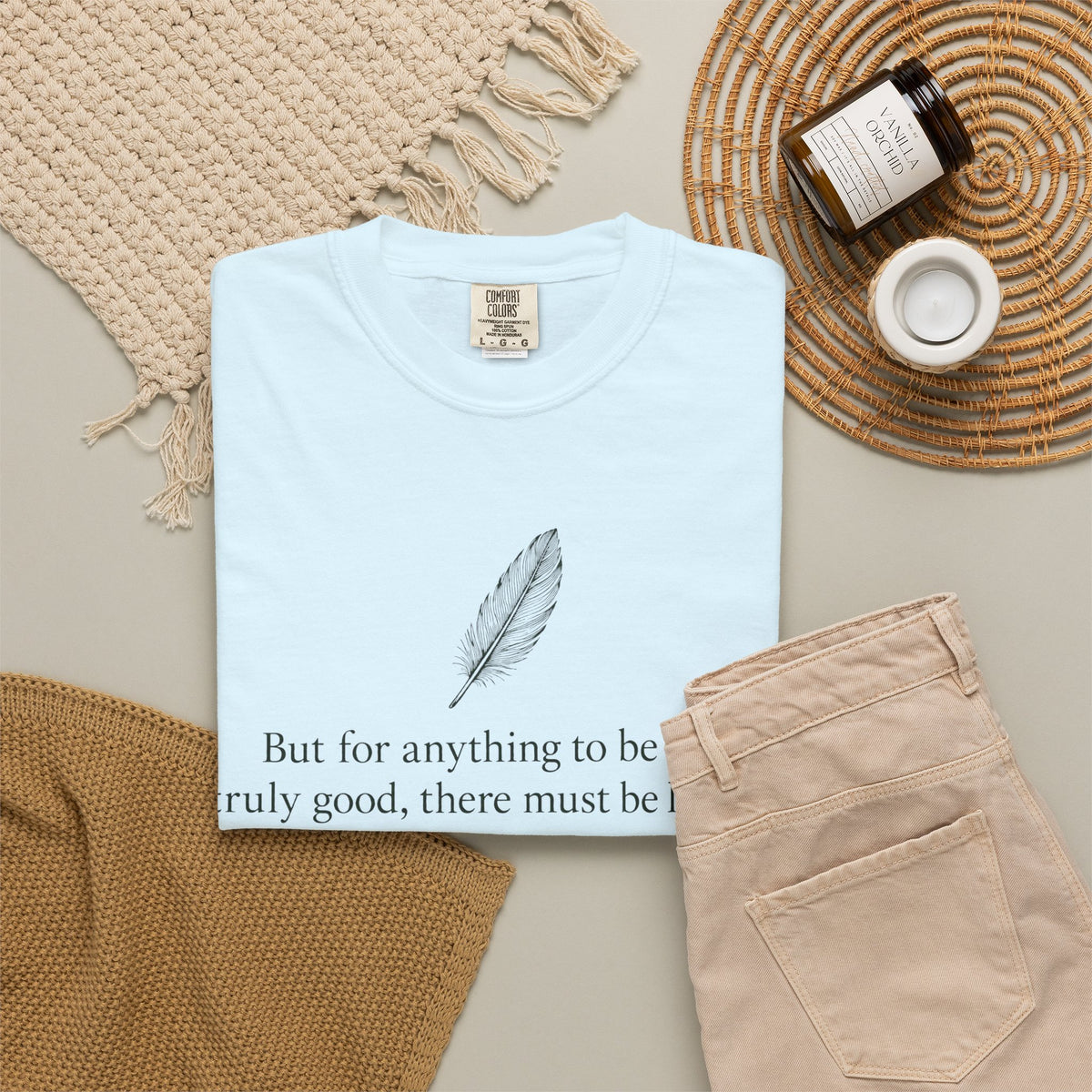 Literary Feather Quote T-Shirt — "But for anything to be good, I truly good, there must be love in it."